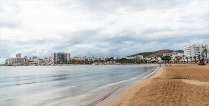 Panoramic view of the Arenal beach in the coastal town of San Antonio Abad