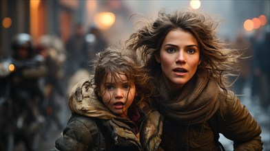 Frightened mother and young child daughter running in the streets of their war ravaged city. generative AI