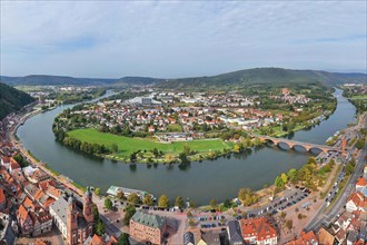 Aerial view of Miltenberg on the Main with a view of the Main bridge and the Zwillingstor. Miltenberg