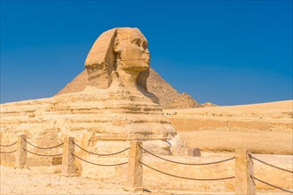 The Great Sphinx of Giza and in the background the Pyramids of Giza one summer afternoon