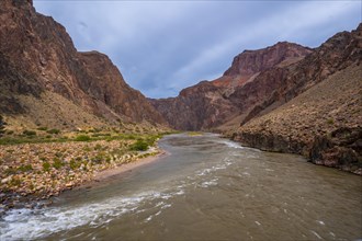 A cloudy afternoon of the Colorado River on the Bright Angel Trailhead route in the Grand Canyon. Arizona