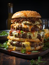 Fresh cooked delicious giant triple cheeseburger with all the fixings. generative AI