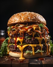 Fresh cooked delicious giant triple cheeseburger with all the fixings. generative AI