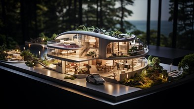 Small scale model of a large futuristic house design on the table in A real estate office. generative AI
