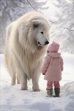 Three years old little girl wearing winter coat standing near a huge Maremma Sheepdog in a snowy forest environment