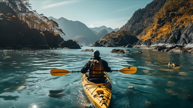 Kayaker paddling along a beautiful calm mountain river. generative AI