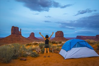 A girl and her blue tent at The View Campground in Monument Valley itself. Utah