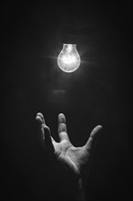 Hand grasps luminous light bulb from below