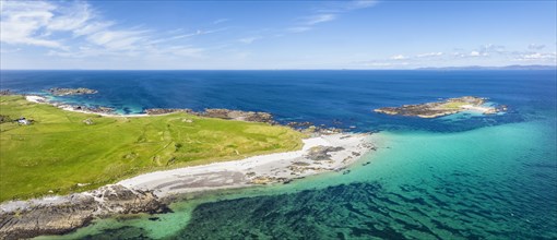 Aerial panorama of the sandy White Strand of the Monks and Traigh An T-Suidhe top left