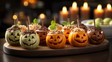 Delicious halloween decorated candy apples. generative AI
