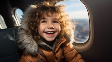 Young boy child enjoying an airplane flight. generative AI