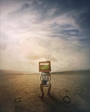 Person with TV monitor instead his head sitting in the middle of a dry land showing green nature scenes on the screen. Environmental and climate change concept