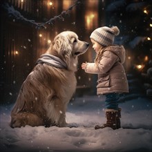 Three years old girl wearing winter clothes petting a huge Saint Bernadin in a snowy urban environment