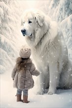 Three years old little girl wearing winter coat standing near a huge Great white Pyrenees Mountain dog on a snowy mountain top with the dog looking down at the girl