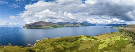 Aerial panorama of Loch Scridain sea loch on the Isle of Mull