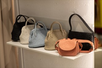 Stylish female bags of different colors on sale. Mid shot