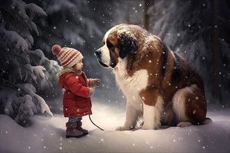 Three years old little girl wearing winter coat standing near a huge Saint Bernadin in a snowy forest environment with the dog looking down at the girl