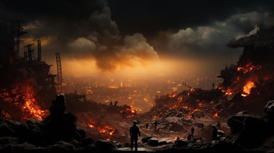Soldiers surveying the landscape amidst explosions in a war torn city. generative AI