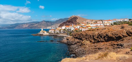 Panoramic view of the coastal town of Canical in Madeira. Fishing port