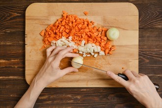 Top view of female hands slicing white onion and carrot with kitchen knife