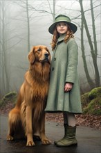 Pretty eight years old girl with a green dress and hat standing near a Golden retriever sitting in an autumnal foggy forest