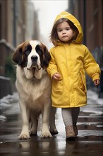 Eight years old girl wearing a yellow raincoat and hat walking in a street side by side with a huge Saint Bernadin dog