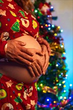 Detail of a couple hugging next to the Christmas tree with the lights. Family with pregnant woman making a heart symbol with their hands