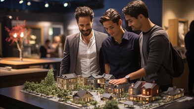 Real estate agent discussing with a male gay couple A new housing development model on the table in front of them. generative AI