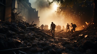Citizens running down the streets of a ravaged burning city amidst war. generative AI