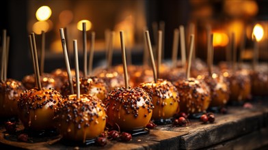 Delicious decorated candy apples on the table. generative AI