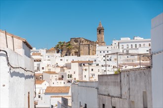 Beautiful view of the white houses and the church of Vejer de la Frontera