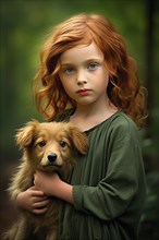 Pretty eight years old girl with red hair and green dress holding a red Golden retriever pup in her arms