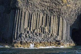 Detail of the uninhabited rocky island of Staffa with the polygonal basalt columns