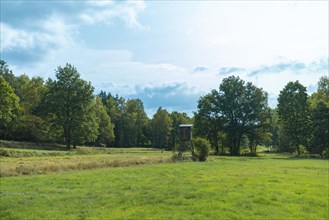 Hunter's stand in landscape with meadow and trees