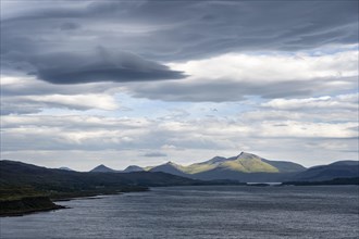 View over Loch Na Keal to the highest mountains of the Isle of Mull