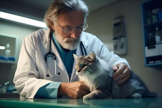 Senior veterinarian who is performing a health check of a cat. Generative AI