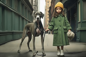 Three years old girl wearing green winter clothes leading on a leash a huge Great Dane in an urban environment