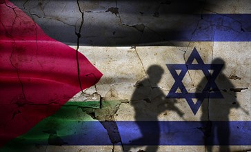 Israel vs Palestine flag on cracked wall. Palestine and Israel war concept