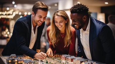 Real estate agent discussing with a young adult couple A new housing development model on the table in front of them. generative AI