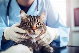 Close-up of a veterinarian who is examining a tabby cat. AI generated