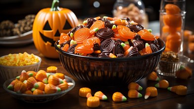 Halloween pumpkin and bowls of candy treats on A table. generative AI