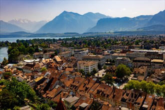 Aerial View over City of Thun and Lake with Mountain in a Sunny Day in Bernese Oberland