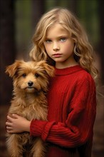 Pretty eight years old girl with long blond hair and red dress holding a Labradoodle in her arms