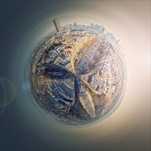 Aerial Paris as a micro planet in space. Sightseeing city panorama in shape o a globe with view to La Defense metropolitan district