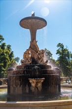 Sculpture of the Fountain of the Galapagos in the Retiro Park in the city of Madrid. Spain