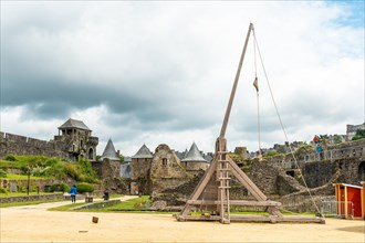 Original catapult in the medieval castle of Fougeres. Brittany region