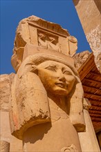 Historical sculptures on the pillars of the Hatshepsut Funerary Temple in Luxor. Egypt