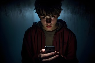 Teenage boy doomscrolling on his smartphone looking exhausted. Dark background. Generative AI