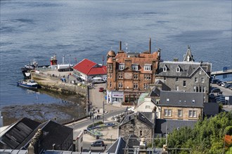 View of the harbour area of the town of Oban with the Columba Hotel and tourist centre Argyll and Bute