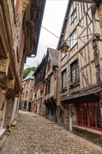 Old wooden dwellings in the medieval village of Dinan in French Brittany